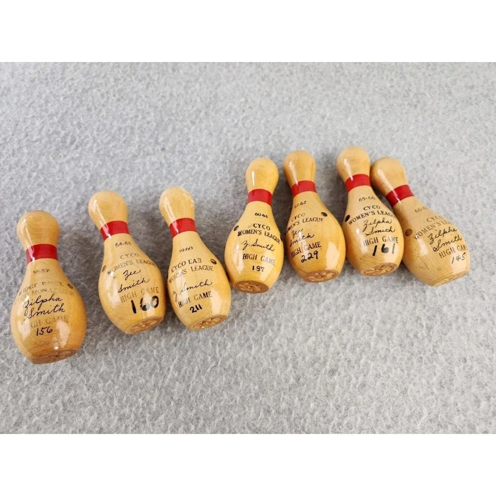Vintage Miniature Wood lacquered 4 inch bowling pin Trophy League 1960s Pins Lot